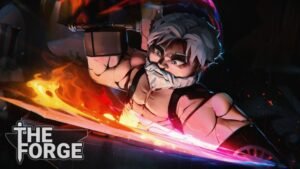 The Forge artwork of a white-bearded blacksmith in goggles swinging a flaming blade