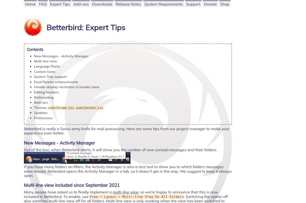 Betterbird expert tips page showing customisations exclusive to the fork