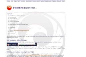 Betterbird expert tips page showing customisations exclusive to the fork