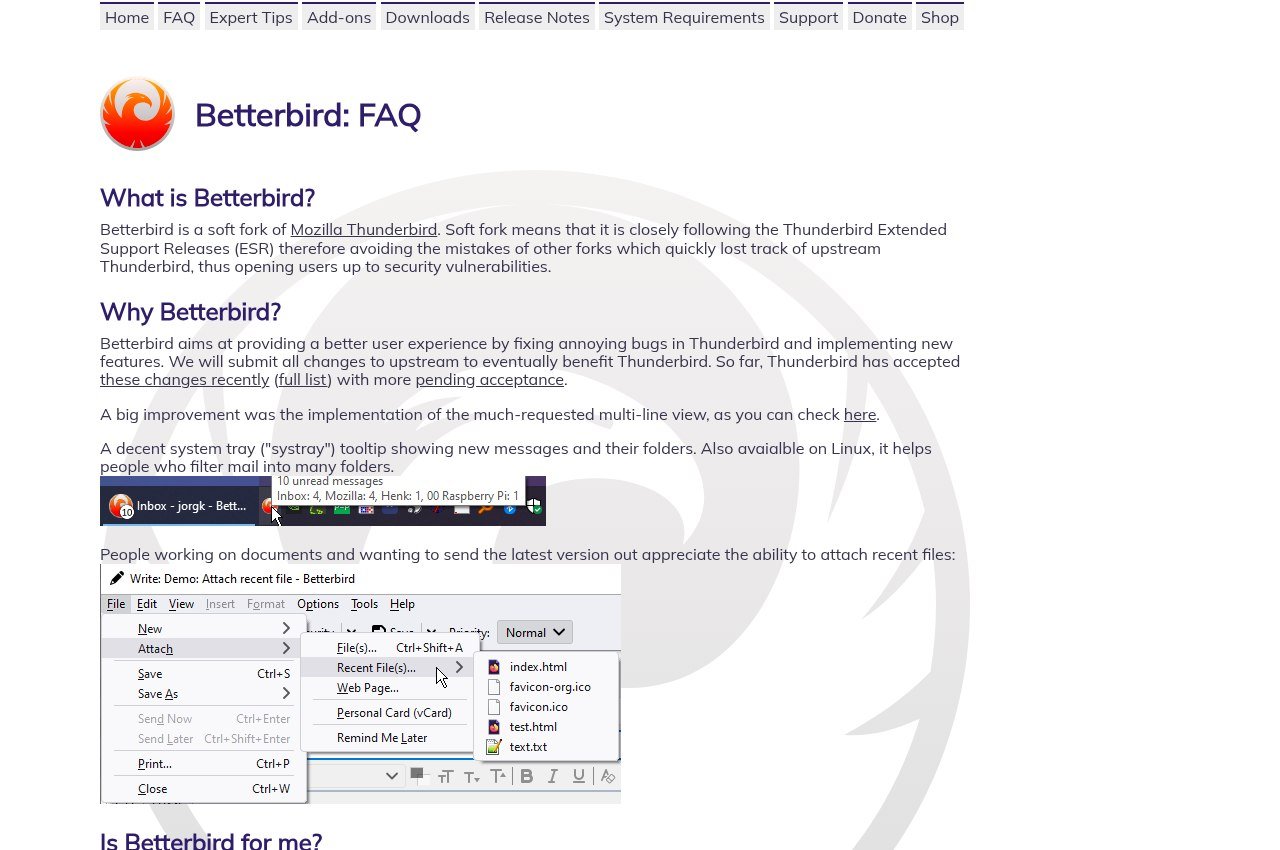 Betterbird FAQ page explaining how the fork relates to Thunderbird