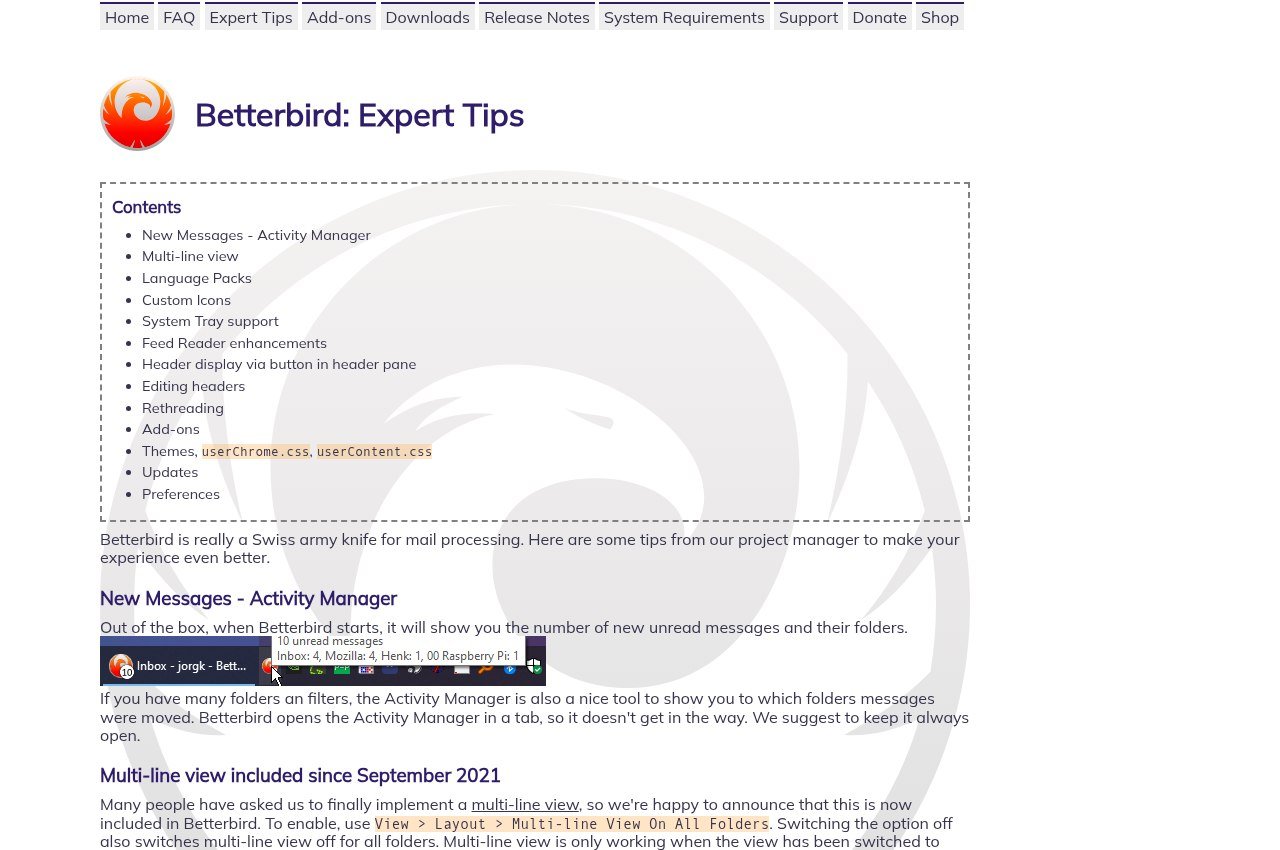 Betterbird expert tips page showing customisations exclusive to the fork