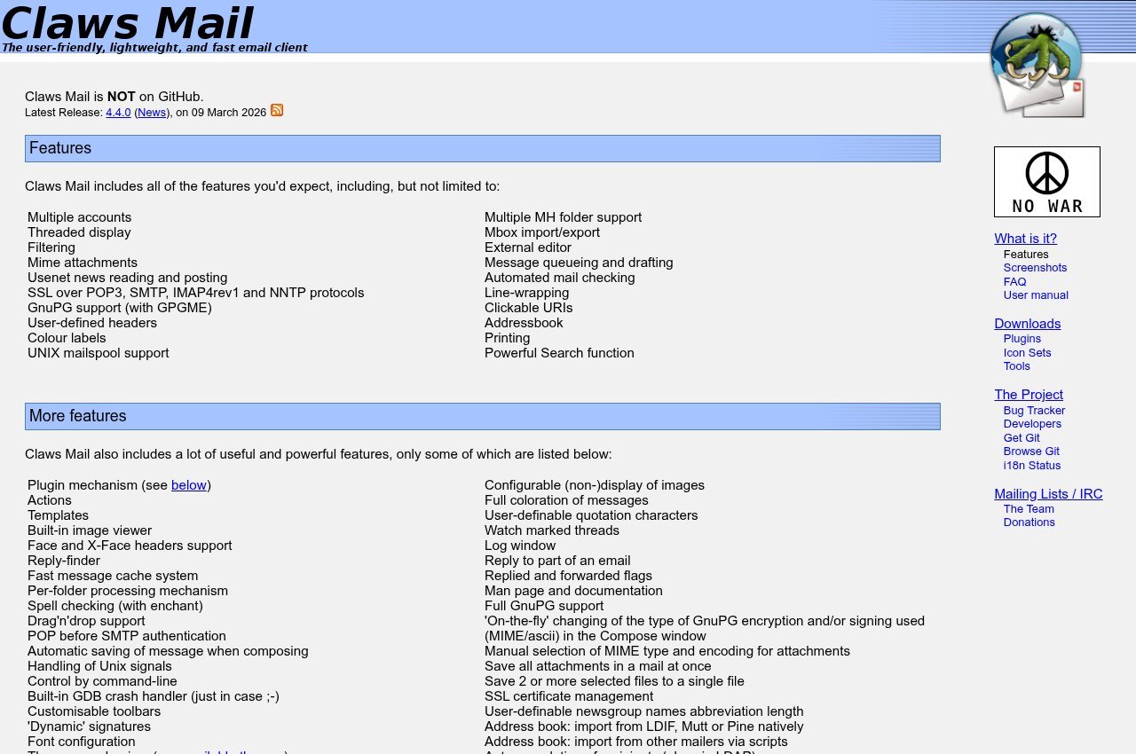 Claws Mail features page listing its plugins and capabilities