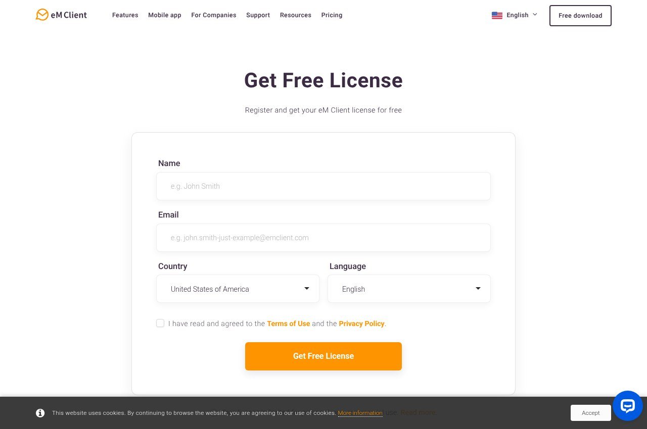 eM Client free licence registration page