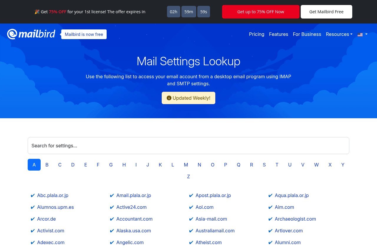 Mailbird IMAP, SMTP and POP3 settings reference page