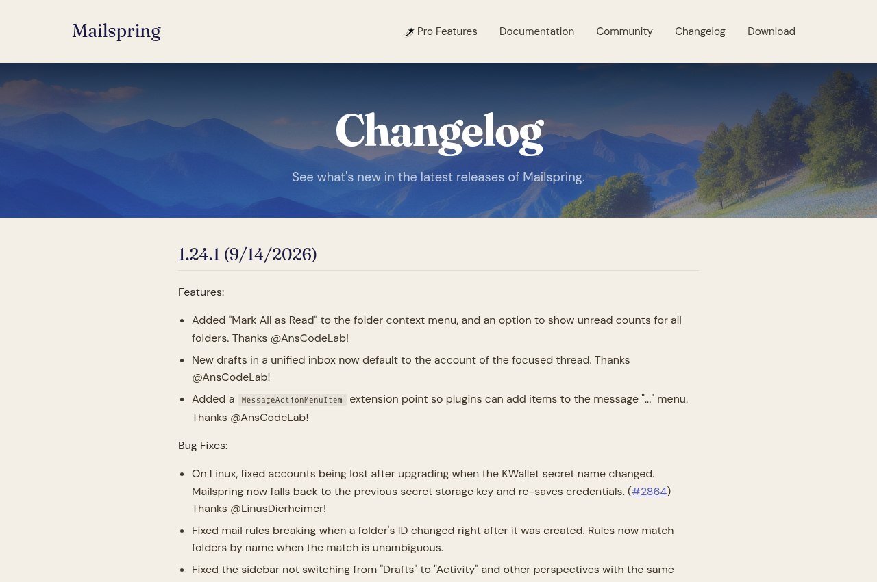 Mailspring changelog page listing recent releases