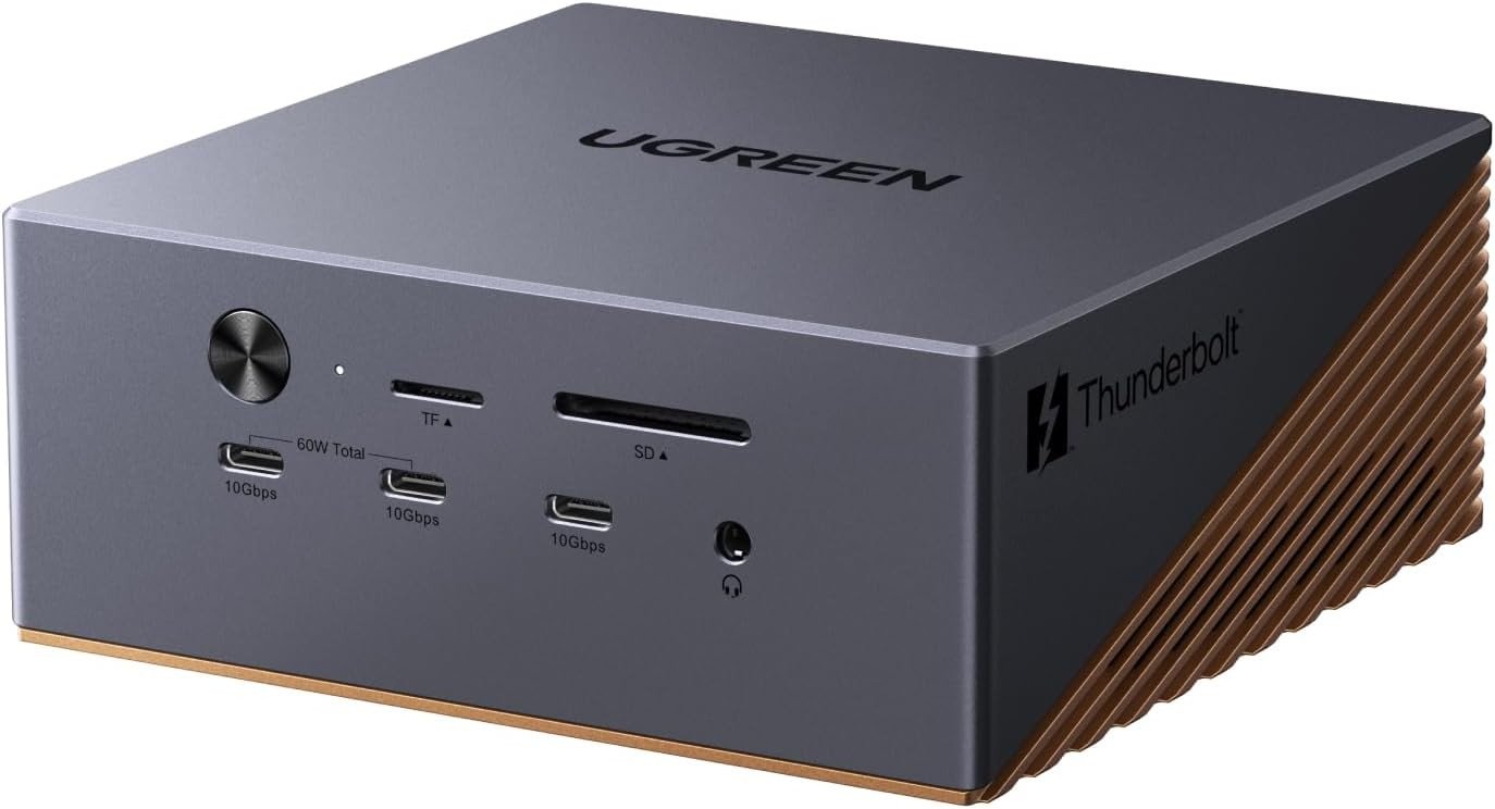 UGREEN Maxidok 17-in-1 Thunderbolt 5 docking station, a grey aluminium cube with front USB-C ports and SD card slots