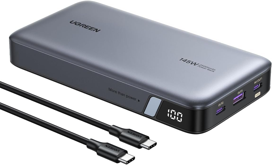 UGREEN Nexode 25,000mAh 145W laptop power bank with two USB-C cables