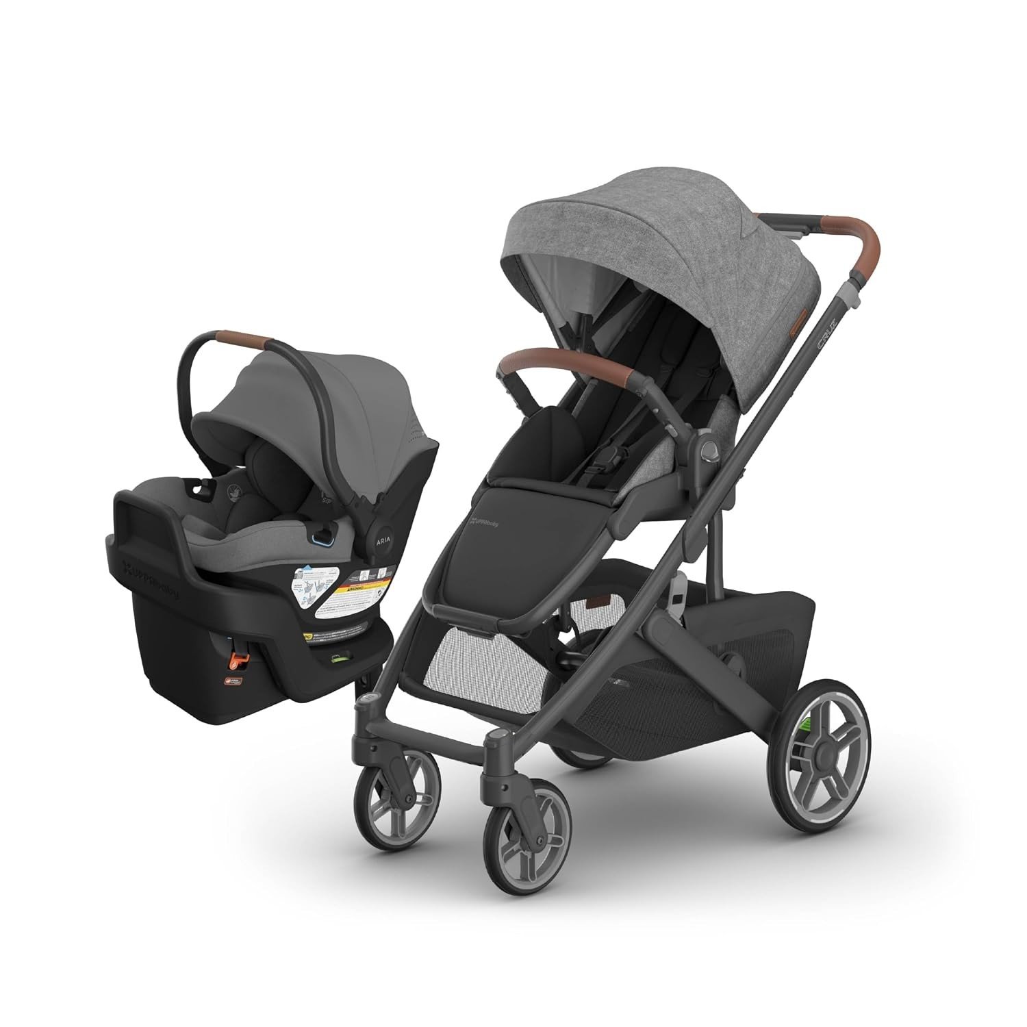UPPAbaby Cruz V3 stroller in Greyson charcoal with the Aria V2 infant car seat on its base