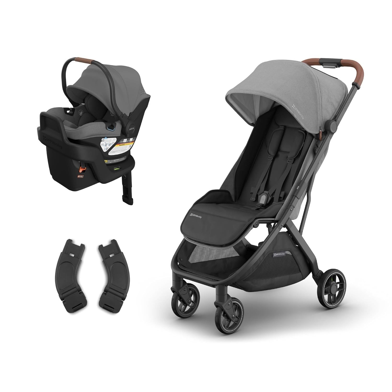 UPPAbaby Minu V3 stroller in Greyson charcoal with the Aria V2 infant car seat on its base and the stroller adapters
