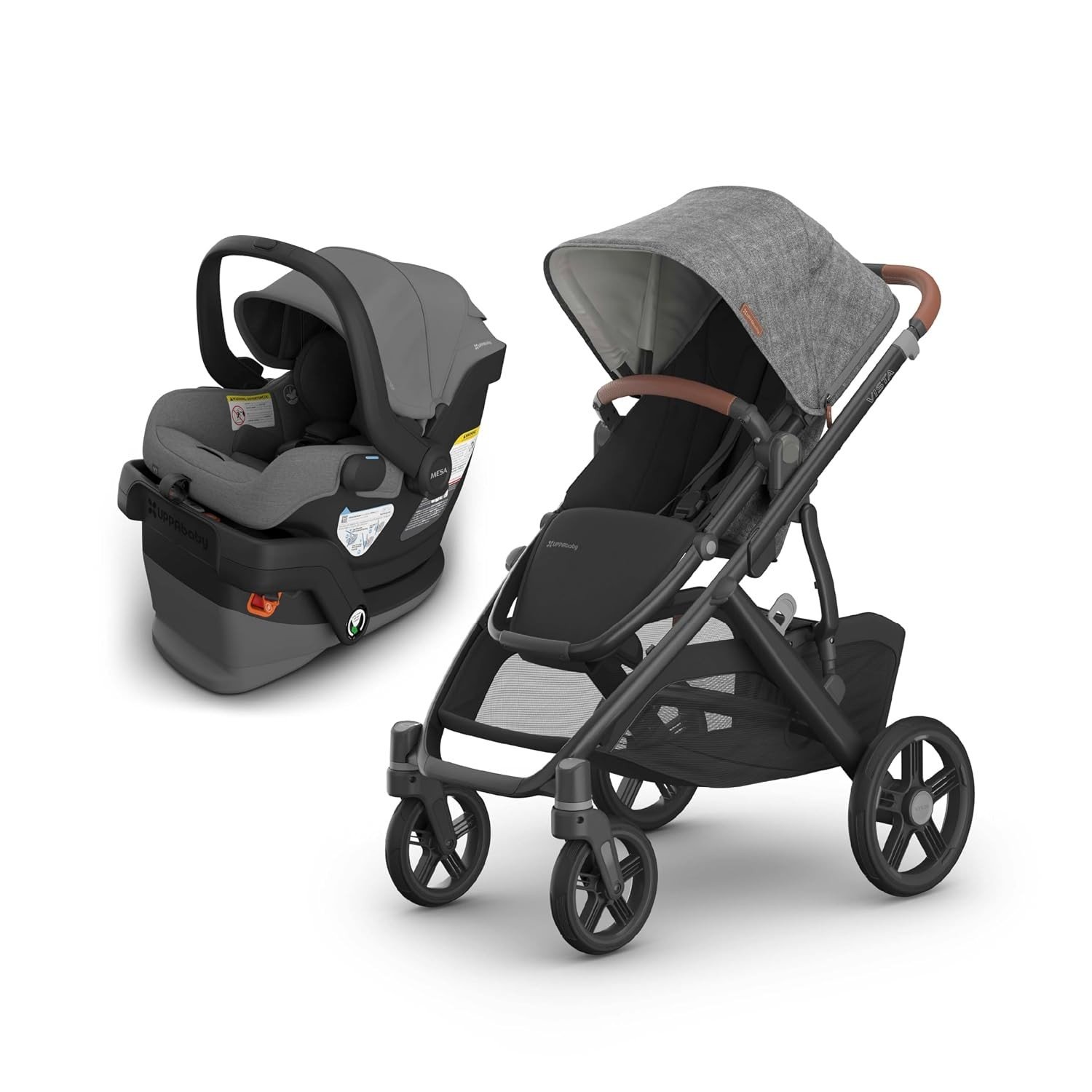 UPPAbaby Vista V3 stroller in Greyson charcoal with the Mesa V3 infant car seat on its base