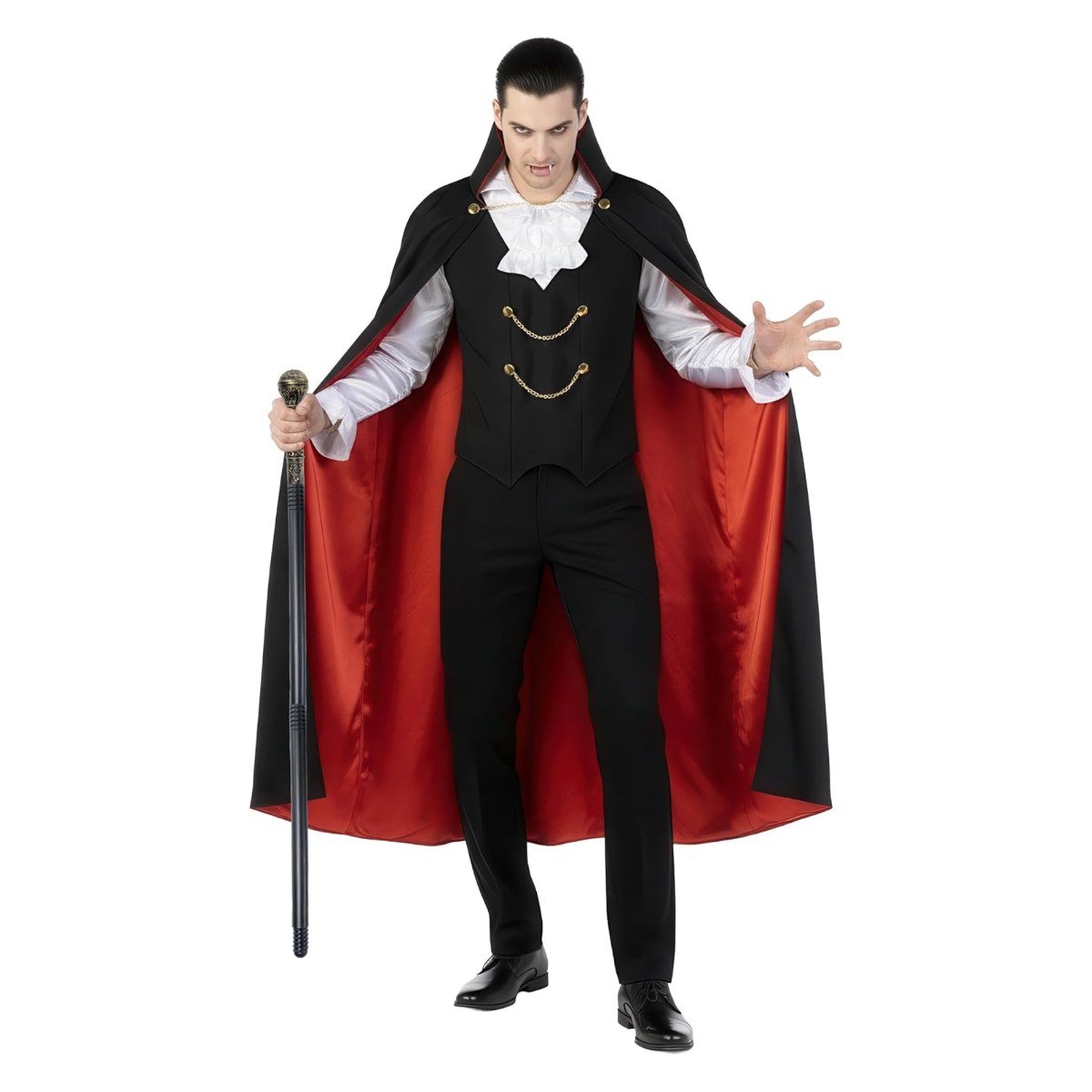 Morph Dracula vampire costume for men with red-lined cape, ruffled shirt front and cane
