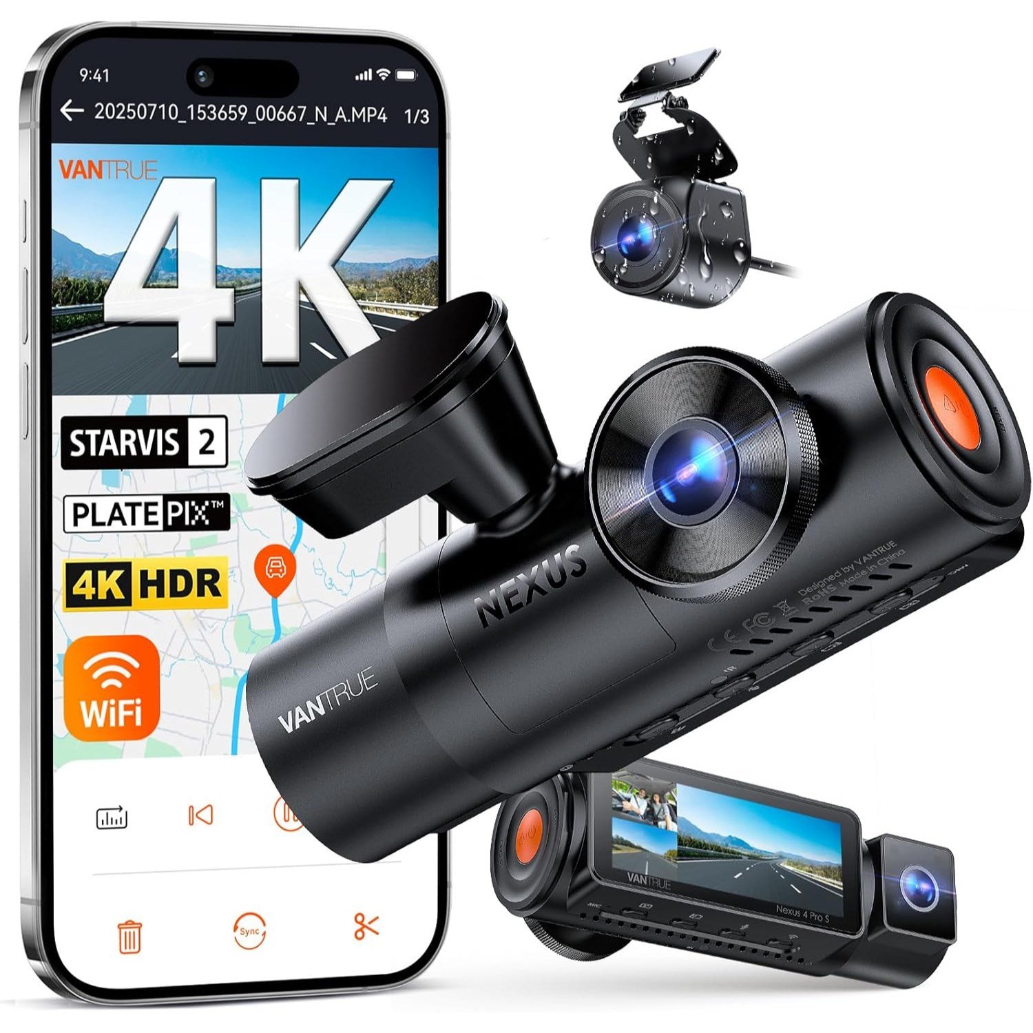 Vantrue N4 Pro S three-channel dash cam with front, cabin and rear cameras