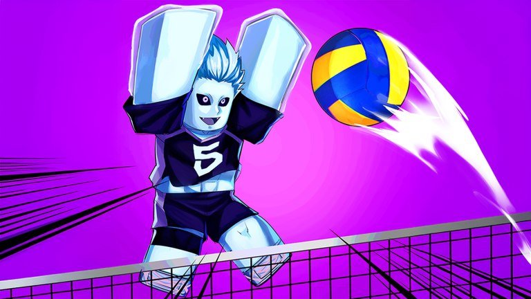 Volleyball Legends artwork of a white-haired player in a number 5 jersey leaping at the net for the ball