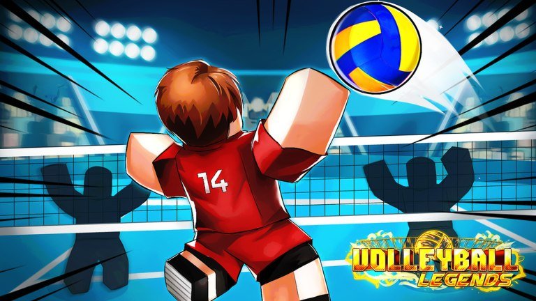 Volleyball Legends artwork of a player in a red number 14 jersey spiking in a packed stadium beside the game logo