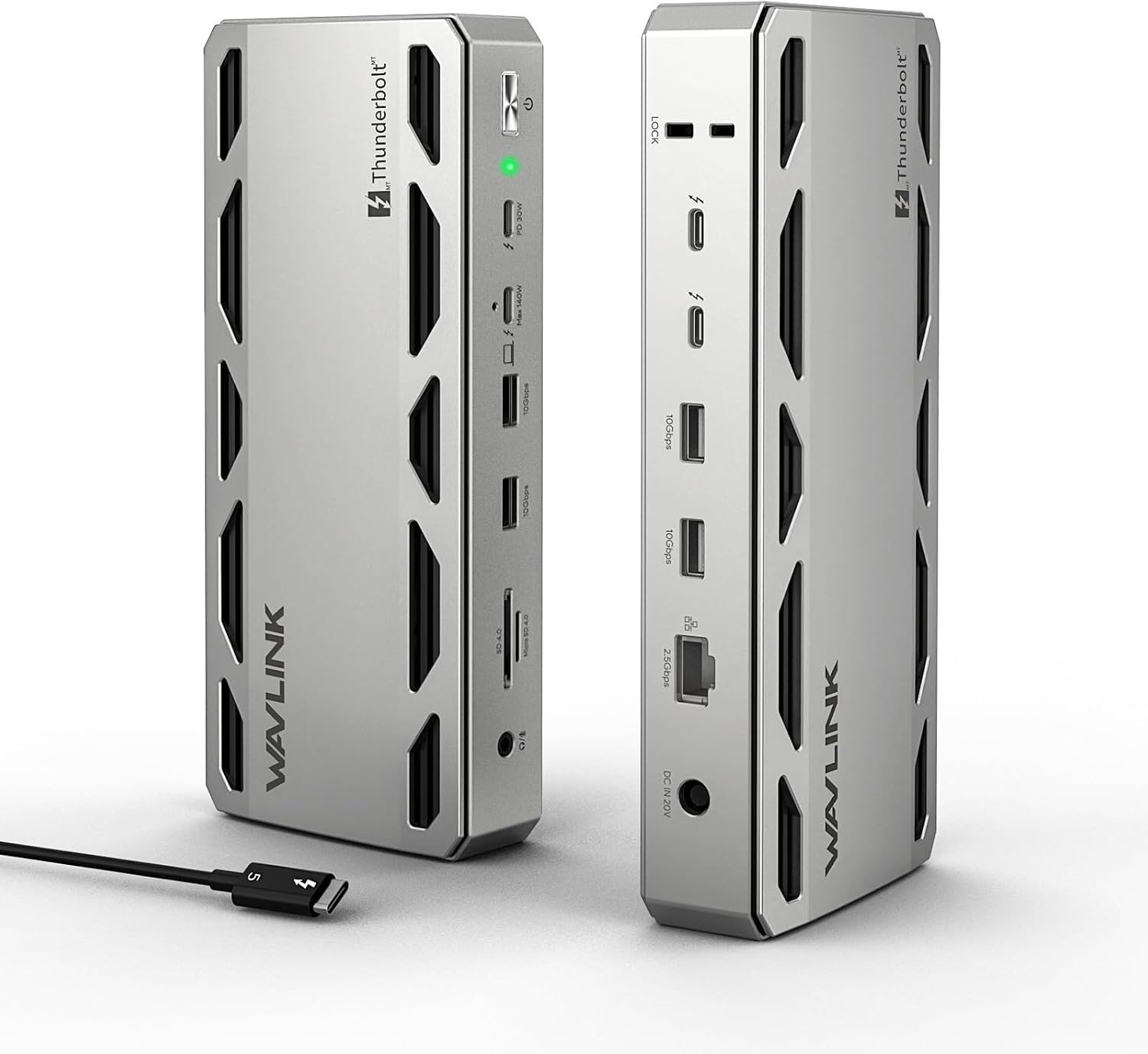 Wavlink Thunderbolt 5 Dock in silver standing upright, front and rear views