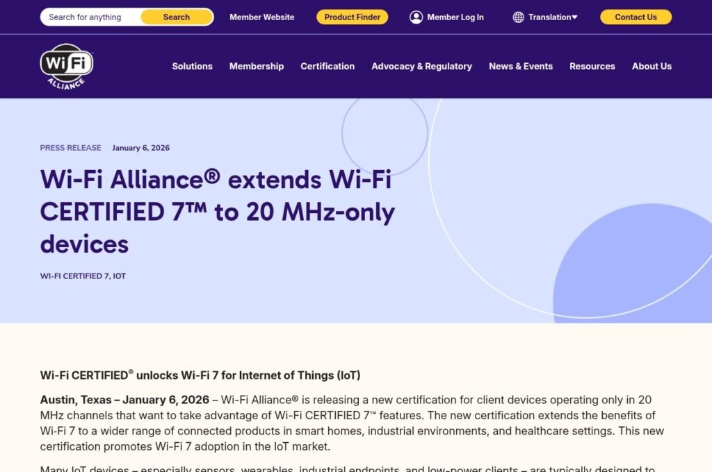 Wi-Fi Alliance press release extending Wi-Fi 7 certification to 20 MHz-only devices