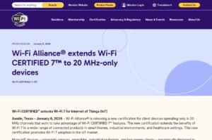 Wi-Fi Alliance press release extending Wi-Fi 7 certification to 20 MHz-only devices