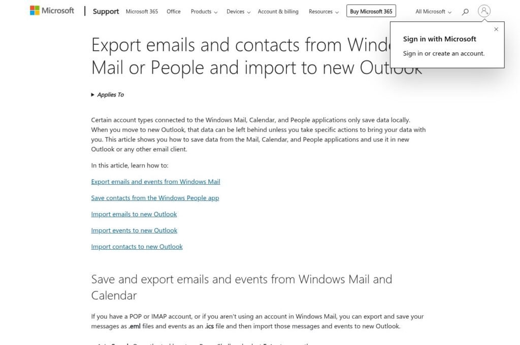Microsoft support page explaining how to export mail and contacts from Windows Mail