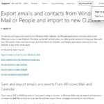 Microsoft support page explaining how to export mail and contacts from Windows Mail