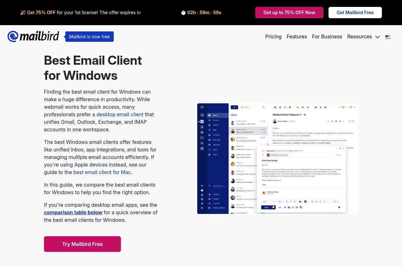 Mailbird guide page about choosing an email client for Windows