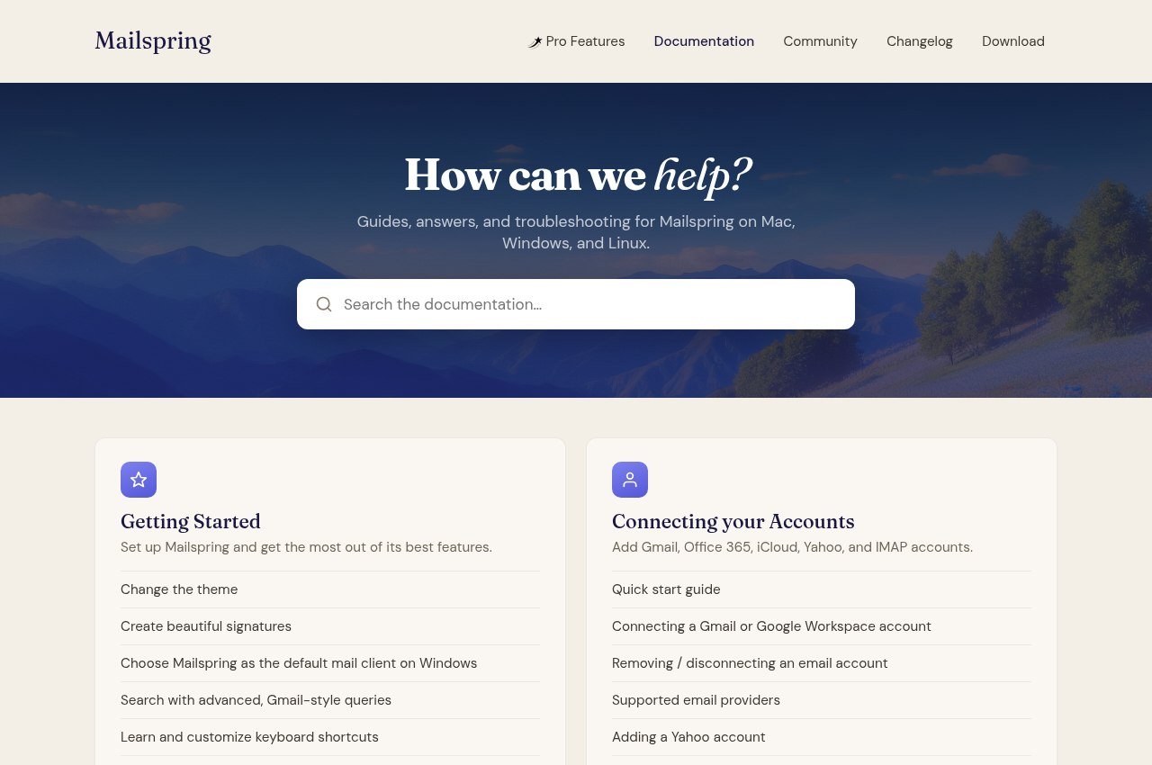 Mailspring documentation page covering setup on Windows, Mac and Linux