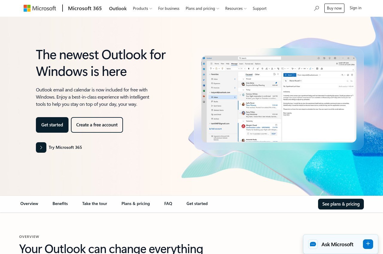 Microsoft Outlook for Windows page offering free email and calendar