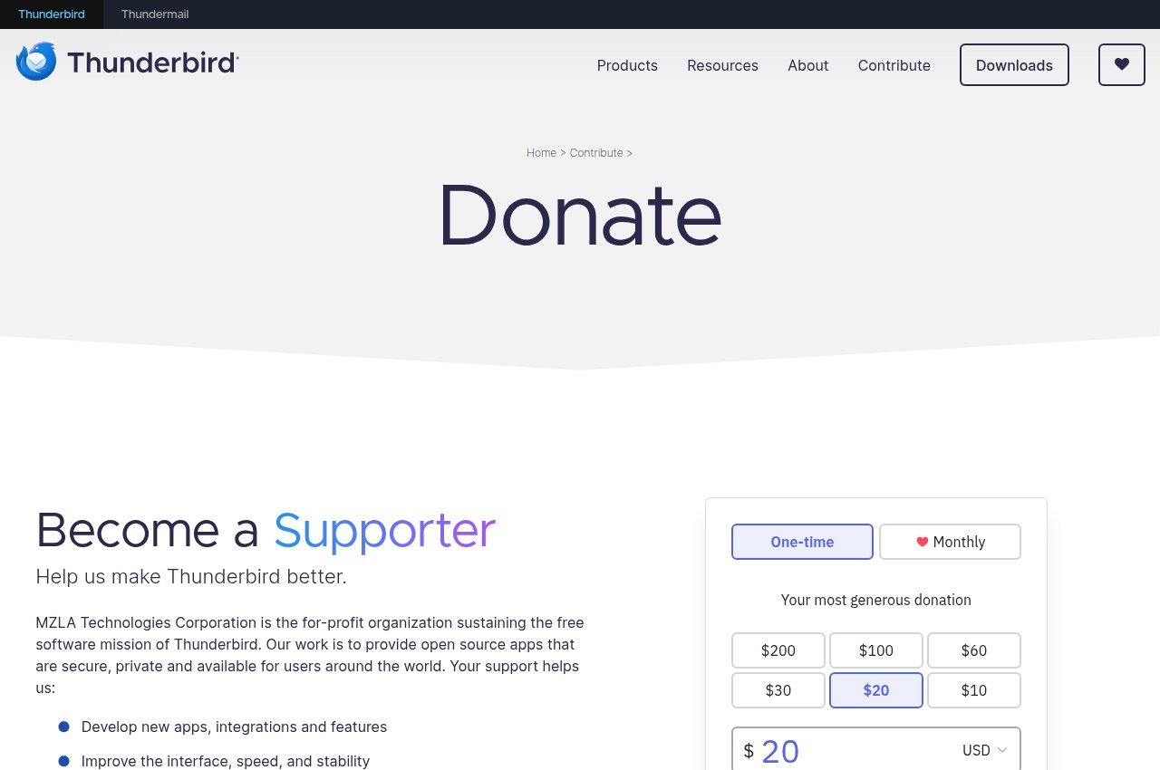 Thunderbird donate page showing how the free client is funded