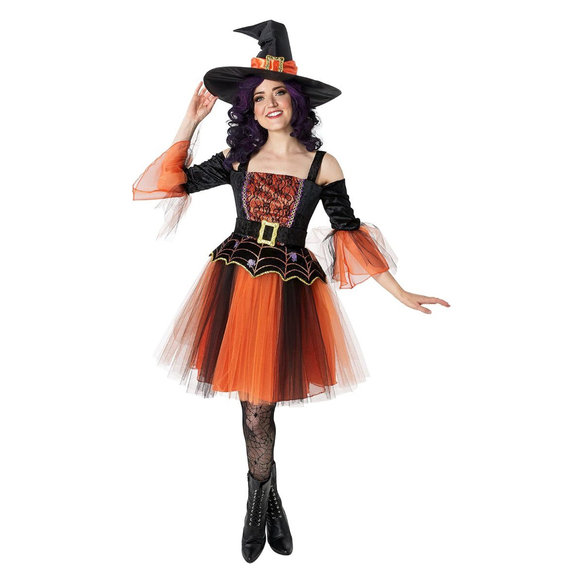 Rubie's Enchanted Glamour Witch Costume, an orange and black witch dress with tulle skirt and matching hat
