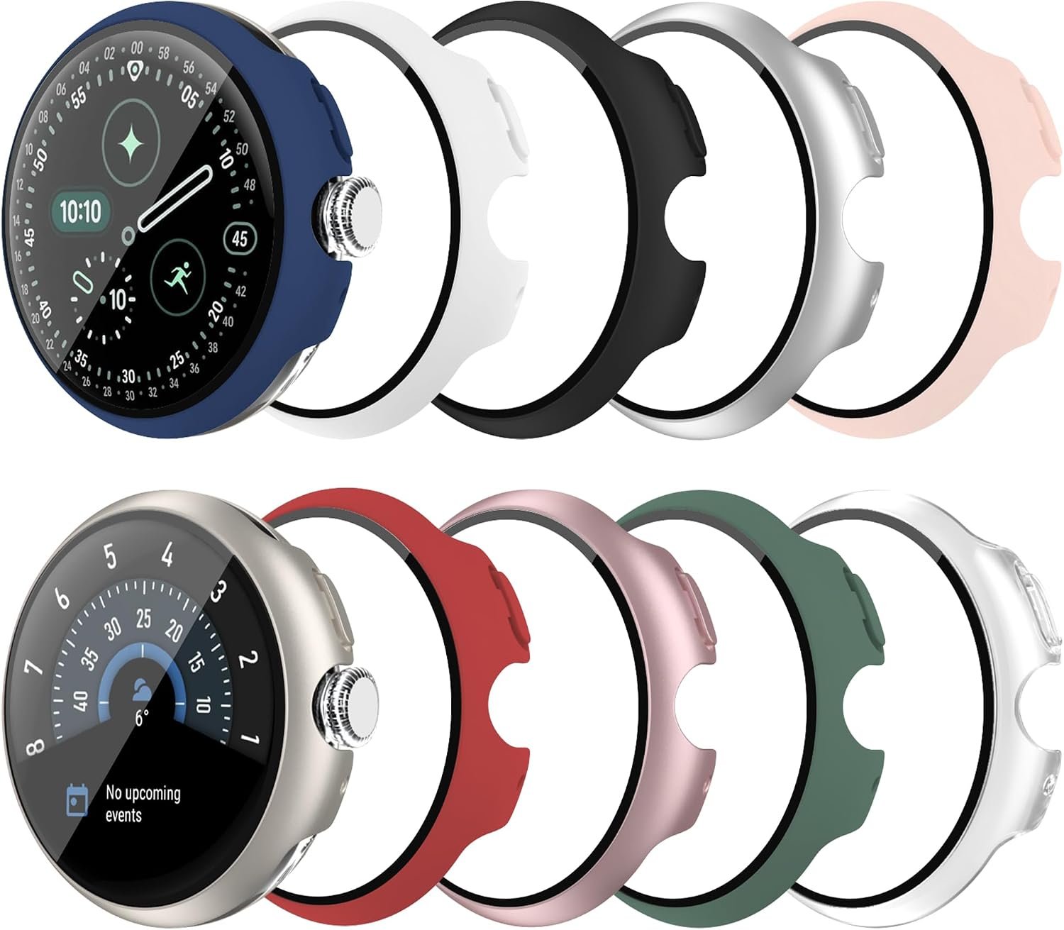 Ten-pack of coloured PC cases with tempered glass for the 41mm Google Pixel Watch 5