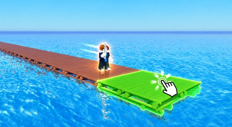 A player on a wooden raft at sea in 100 Days At Sea