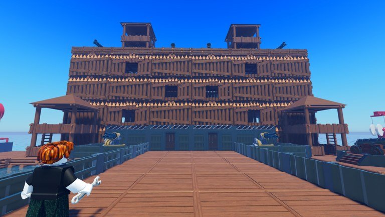 A large wooden fort built out over the water in 100 Days At Sea