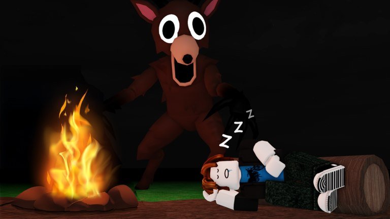 99 Nights in the Forest thumbnail showing a deer creature behind a sleeping camper and a fire