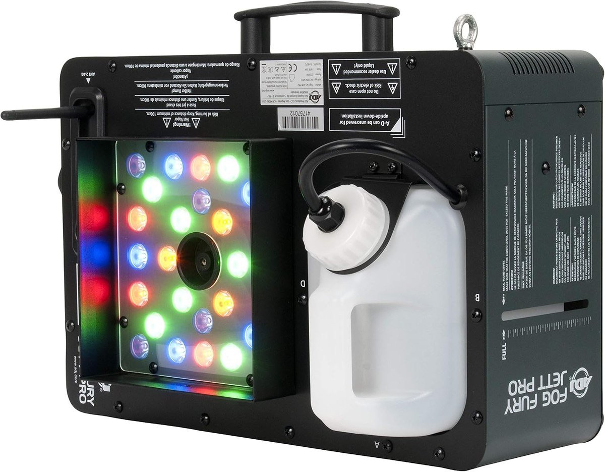 ADJ Fog Fury Jett Pro vertical fog machine with a panel of colored LEDs and a fluid tank