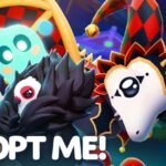 Adopt Me Halloween artwork with a jester dragon, a ghost pet and a spiky black pet