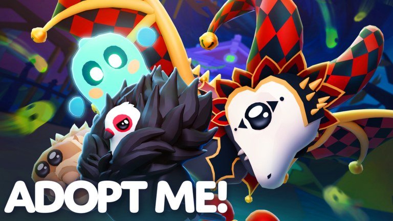 Adopt Me Halloween artwork with a jester dragon, a ghost pet and a spiky black pet