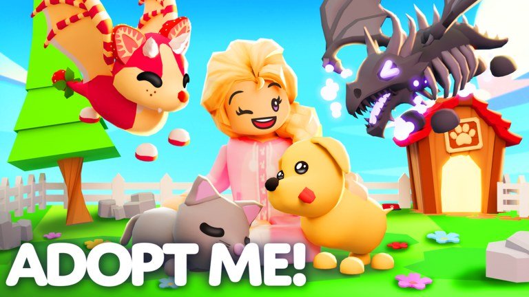 Adopt Me artwork of a player with a dog, cat, fox and shadow dragon outside a kennel
