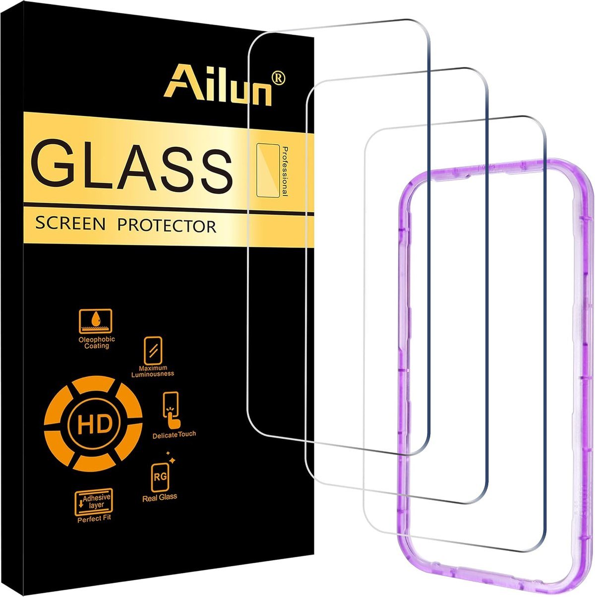 Ailun three-pack tempered glass with its installation frame