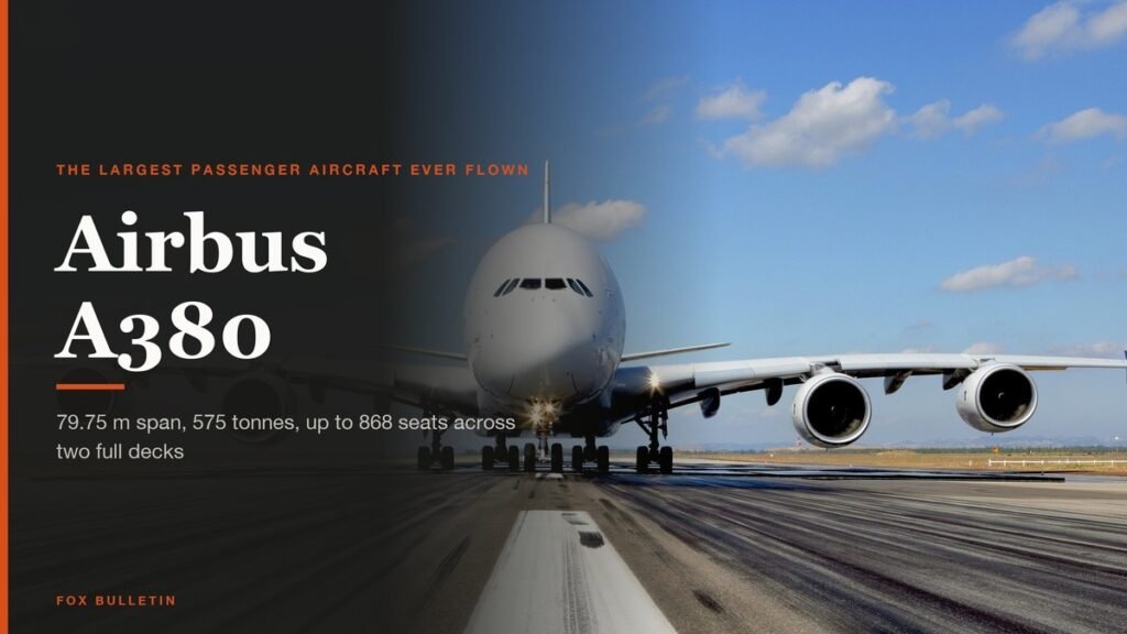 Airbus A380 facing the camera on a runway with its full wingspan and four engines visible
