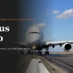 Airbus A380 facing the camera on a runway with its full wingspan and four engines visible