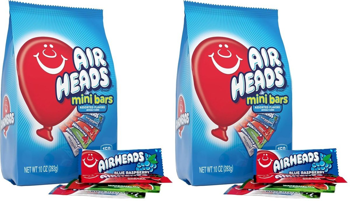 Two bags of individually wrapped Airheads mini taffy bars in assorted fruit flavors
