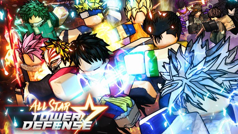 All Star Tower Defense artwork with a lineup of anime fighters charging energy attacks