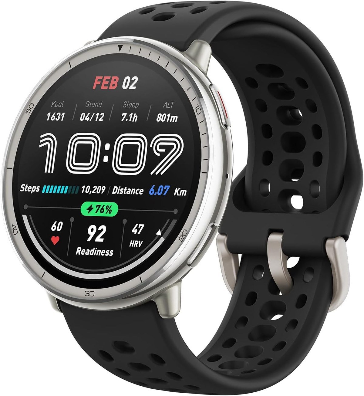 Amazfit Active 2 smartwatch with a round stainless steel case and black strap