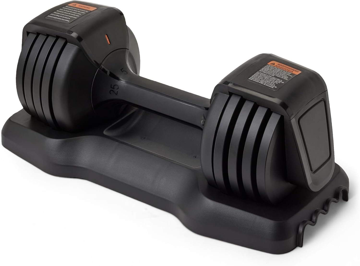 Amazon Basics adjustable dumbbell, 25 pound, in black with its storage tray