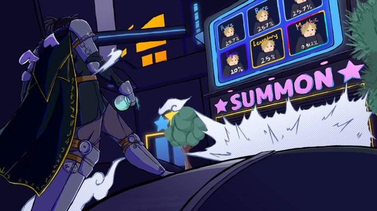 Anime Adventures summon banner with a hooded unit and a row of locked character slots