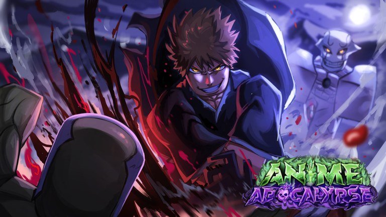 Anime Apocalypse logo artwork with a hero mid-attack on Roblox