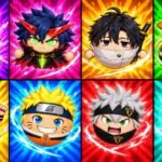 Grid of eight Anime Ball Battles summons on coloured backgrounds