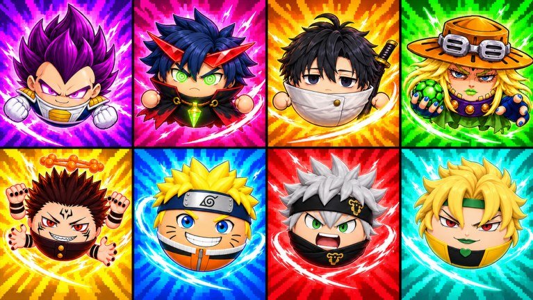 Grid of eight Anime Ball Battles summons on coloured backgrounds