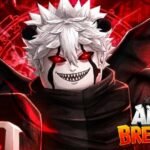 A white haired horned character with glowing red eyes beside the Anime Breaker logo