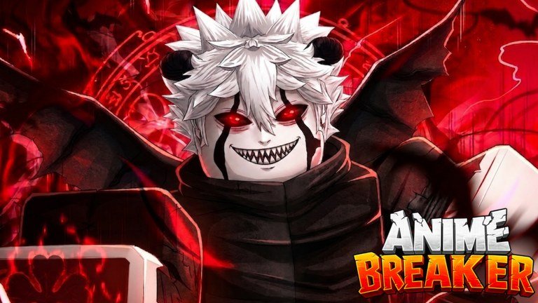 A white haired horned character with glowing red eyes beside the Anime Breaker logo