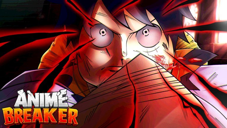 An anime character in a straw hat and red coat glaring ahead beside the Anime Breaker logo